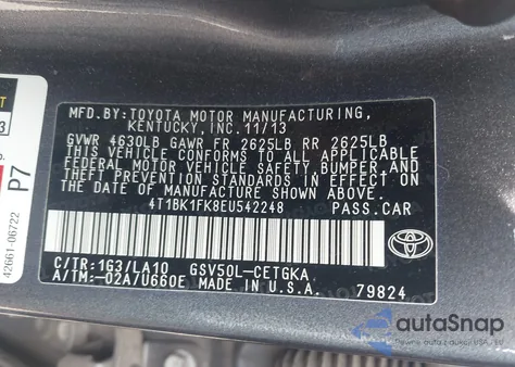 2014 Toyota Camry Xle V6 из США, поврежденный, VIN 4T1BK1FK8EU542248